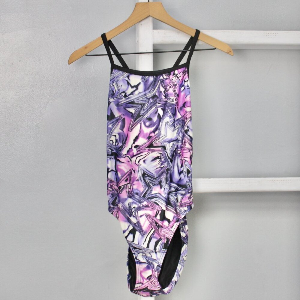Speedo Women's Purple Pink Stars Athletic One-Piece Swimsuit Size 10 / 36